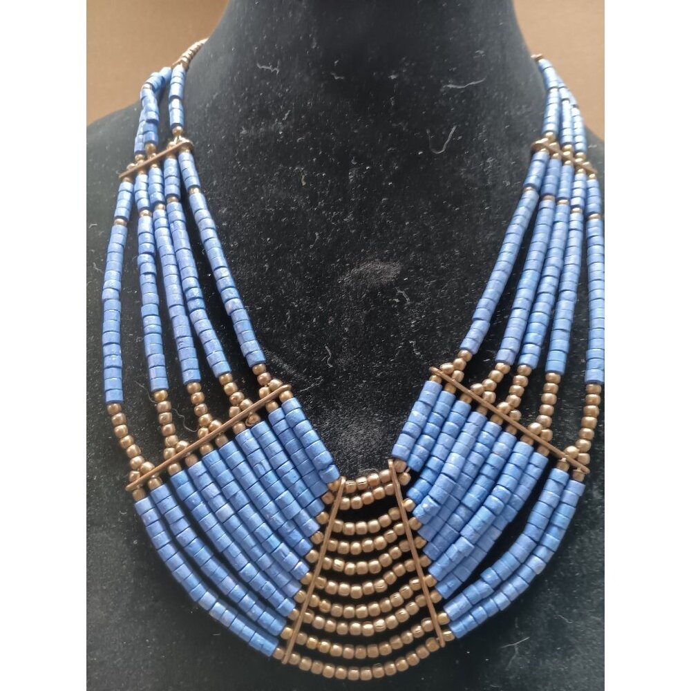 Blue & Tan Beaded Multistrand Statement Necklace